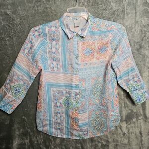 Chico's Sz 0 Small Blue Red Geometric 100% Linen Blouse 3/4 sleeve button up